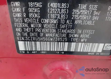 2016 Honda Hr-V Ex из США, поврежденный, VIN 3CZRU5H56GM738525